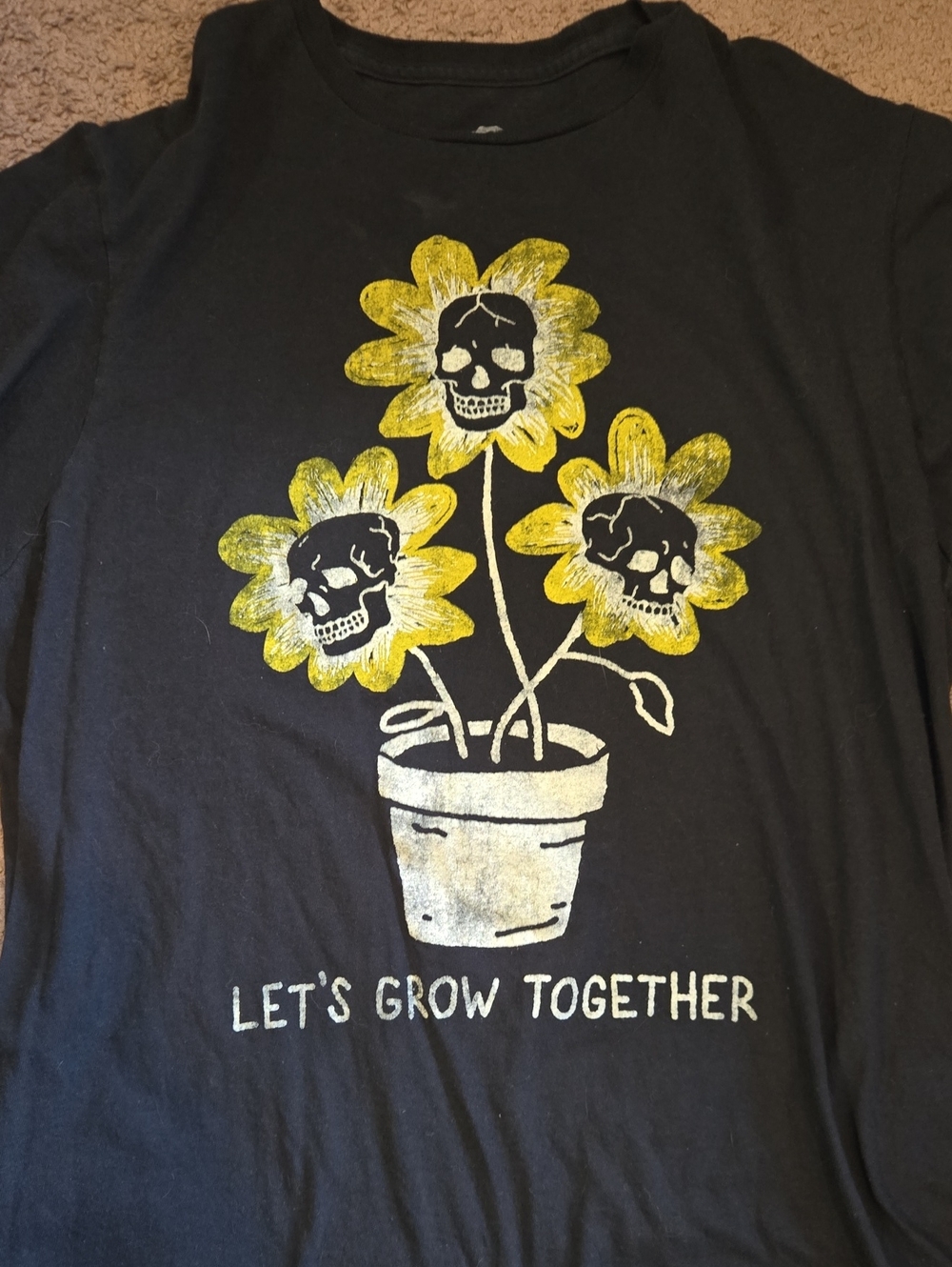 Kids Black Graphic Tee with Yellow Skull Sunflowers - Let's Grow Together